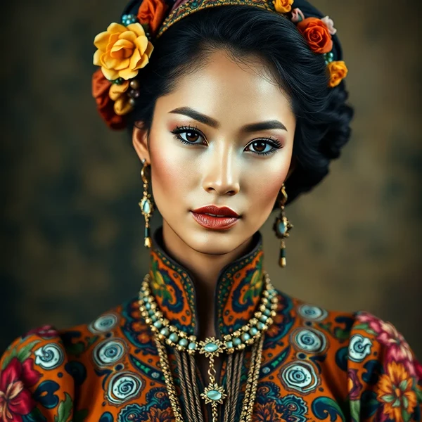 Portrait of a beautiful woman wearing intricately detailed colorful clothing